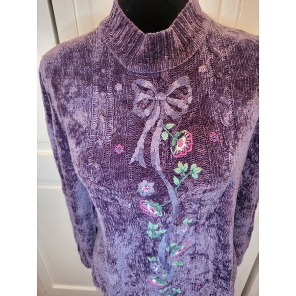 Purple Chenille Embroidered Floral  Bow Sweater Alfred Dunner PM  Cottage Cozy - Picture 5 of 6